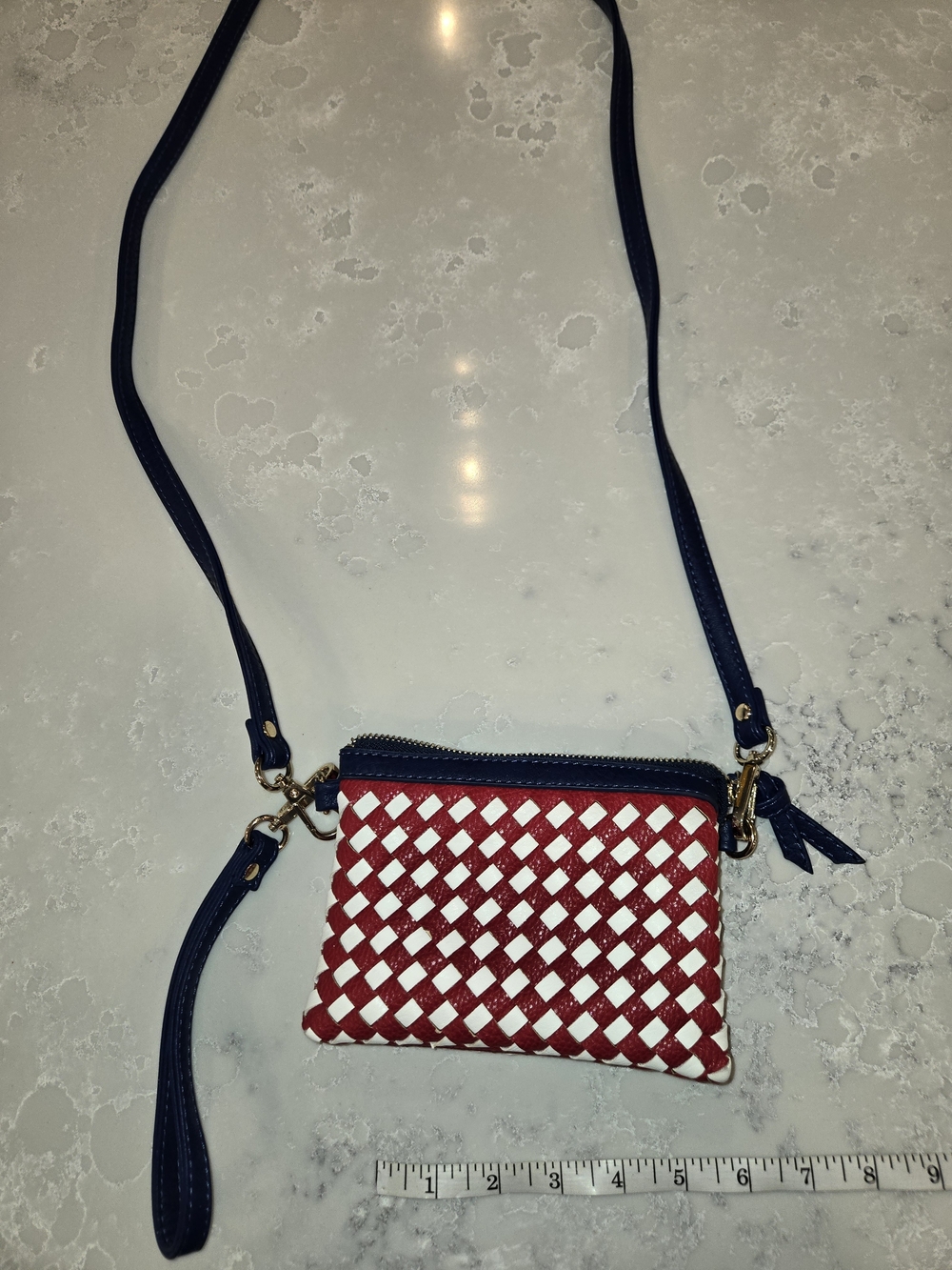 Women’s Red and White Woven Crossbody Bag with Navy Strap